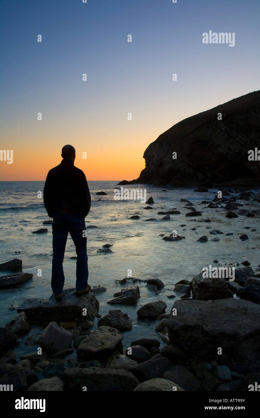Silhouette of man looking out to sea Stock Photo Alamy