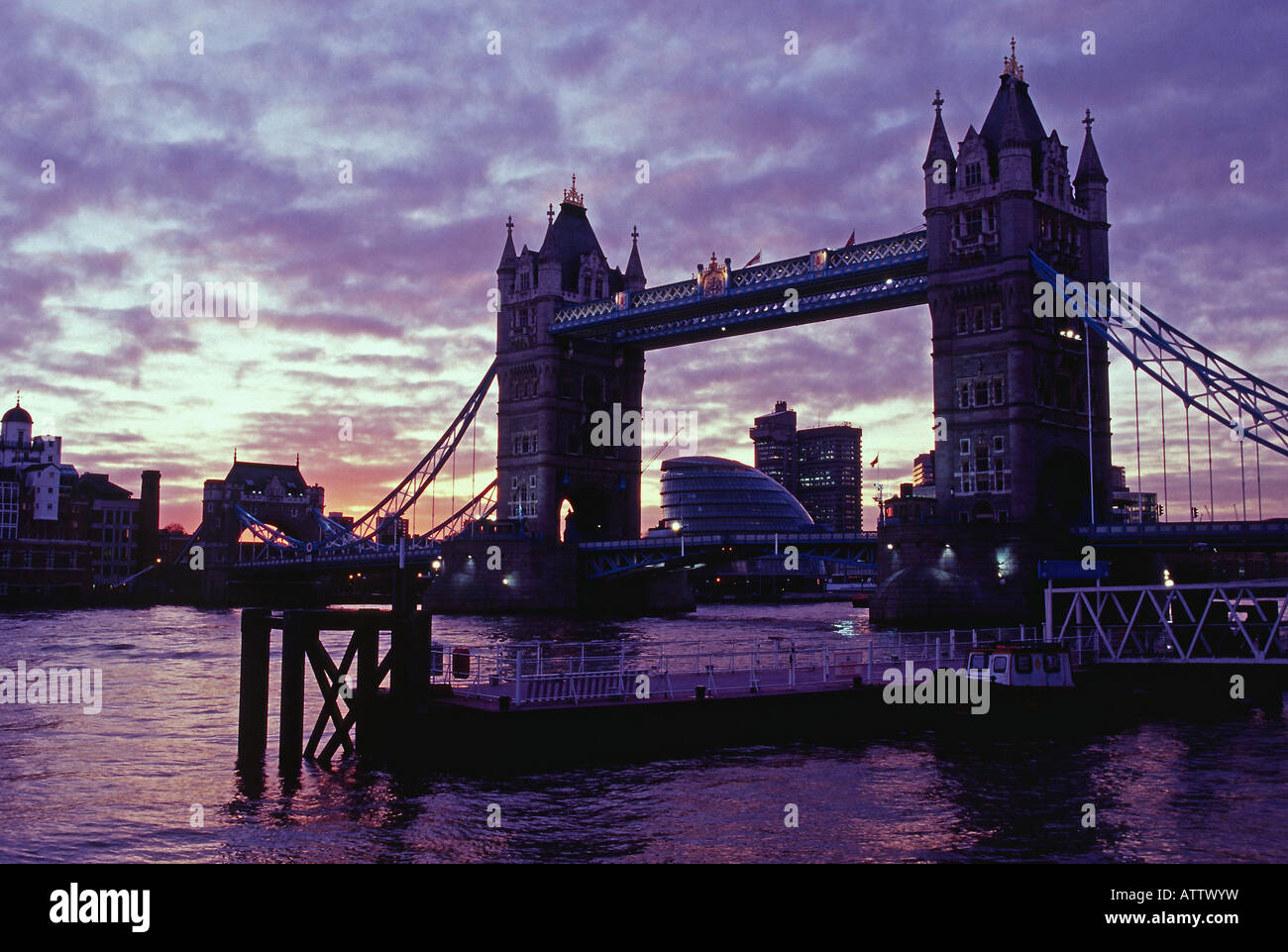 tower bridge sunset london river thames reflections england uk gb Stock ...