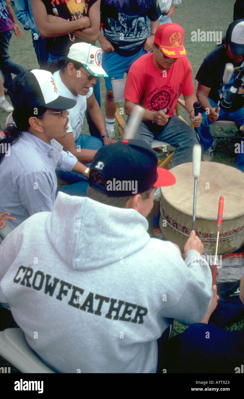 Native American musicians playing drum at Pow Wow. Mendota Heights