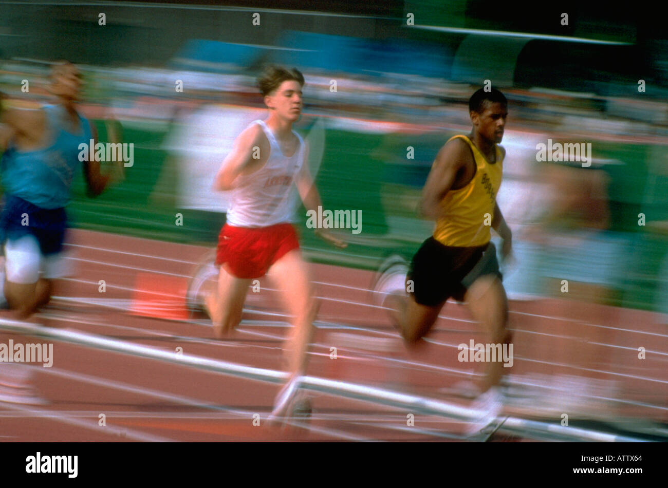 Boys age 17 competing in track meet blur. St Paul Minnesota USA Stock Photo