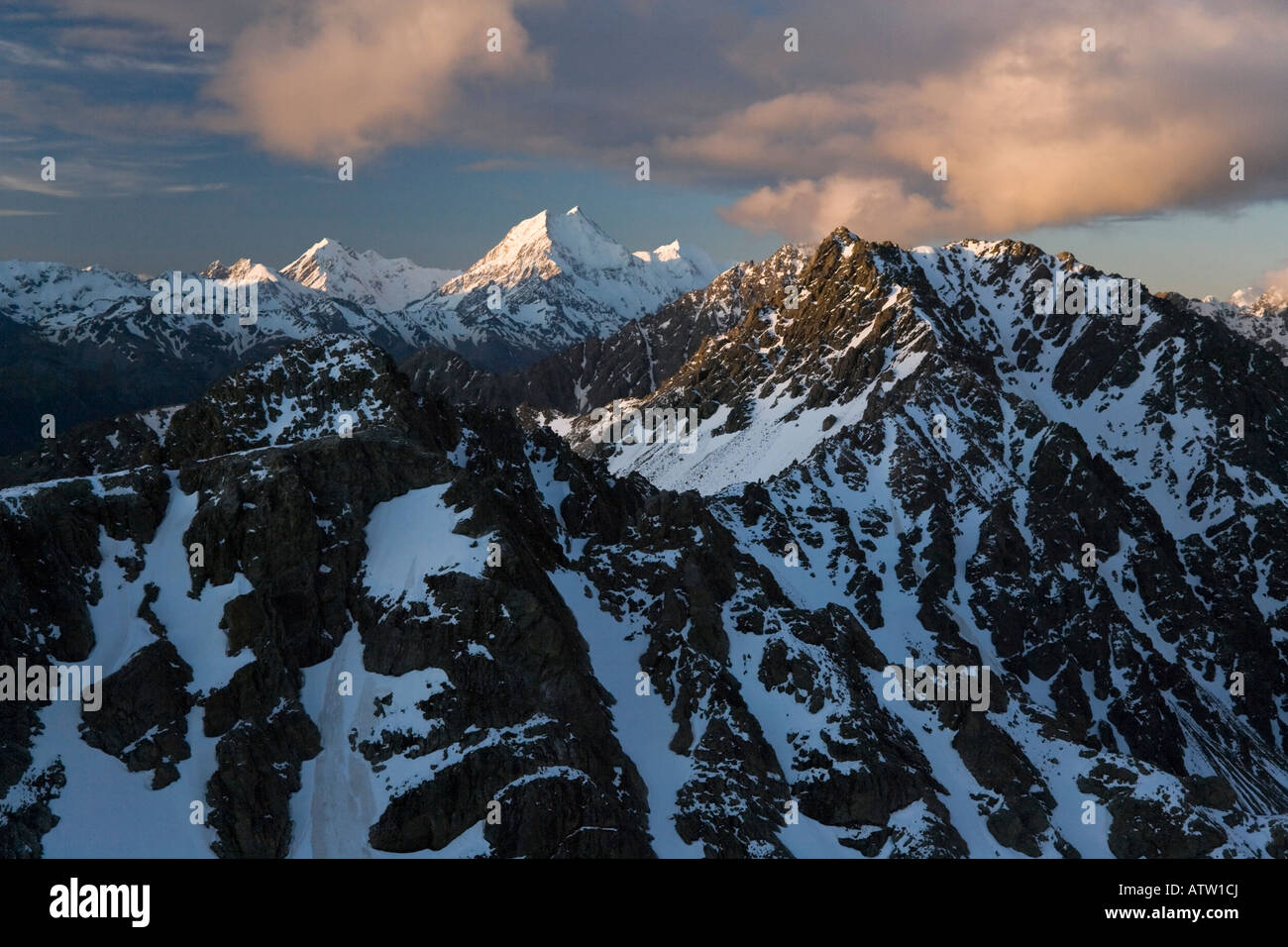Mount Cook View A stunning aerial shot the setting sun and the summit of Aoraki/Mount ...