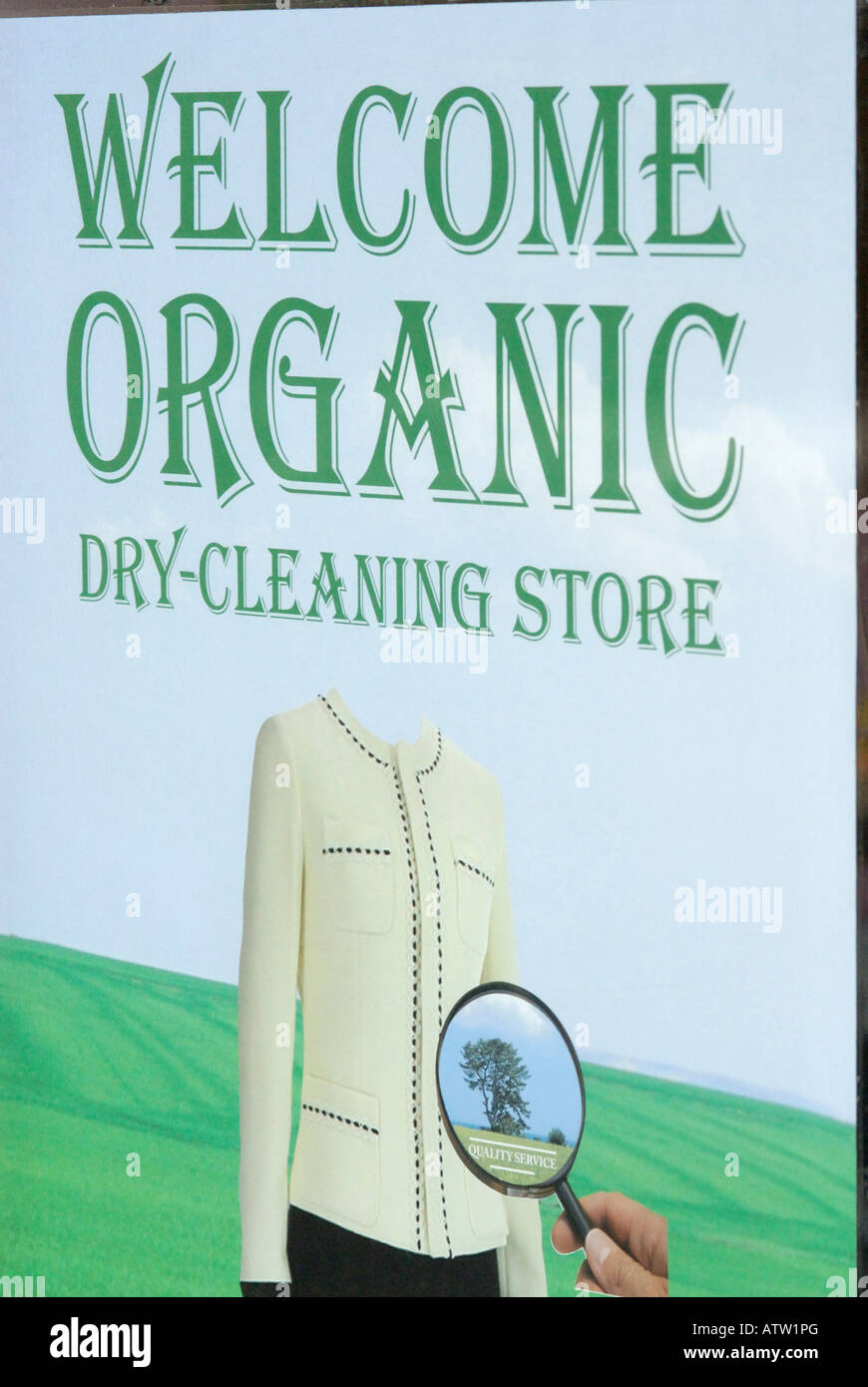 Sign outside a dry cleaning shop indicating that they use organic processes Stock Photo