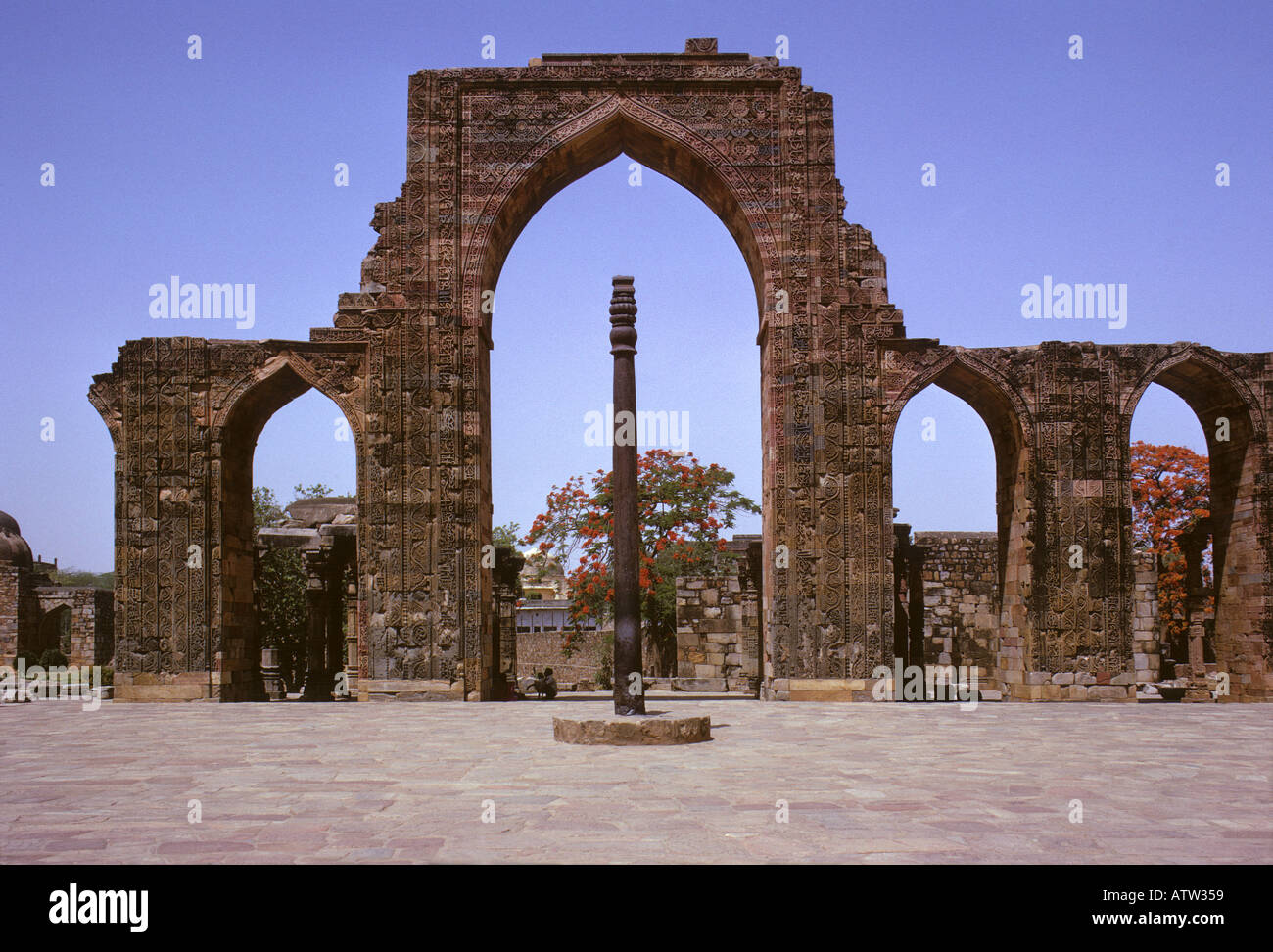 Cast iron pillar that does not rust Quotab Qutab Minar near Delhi India Asia Stock Photo