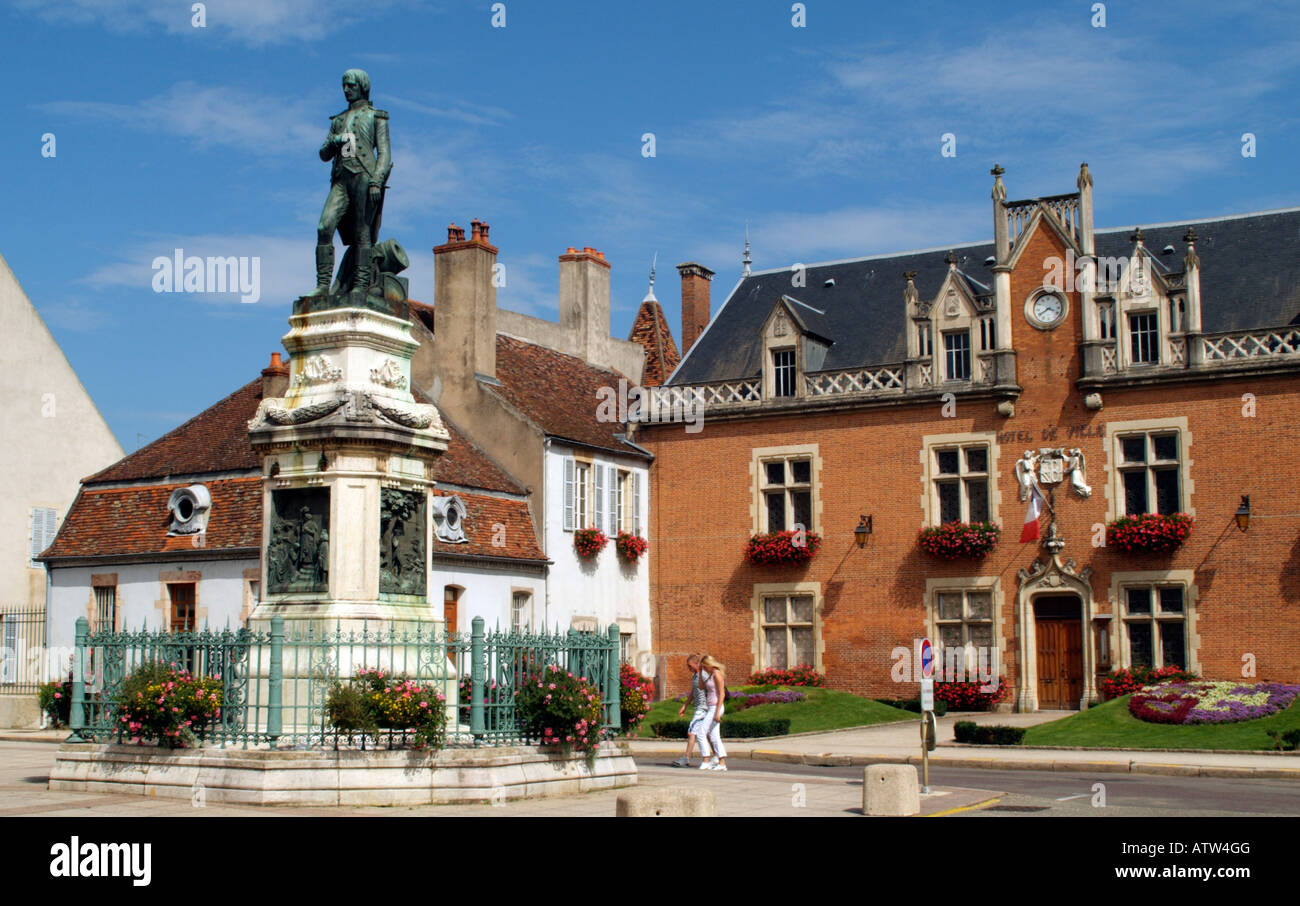 15th Century Town Hall at Auxonne Cote d Or France and Statue of Napoleon Stock Photo