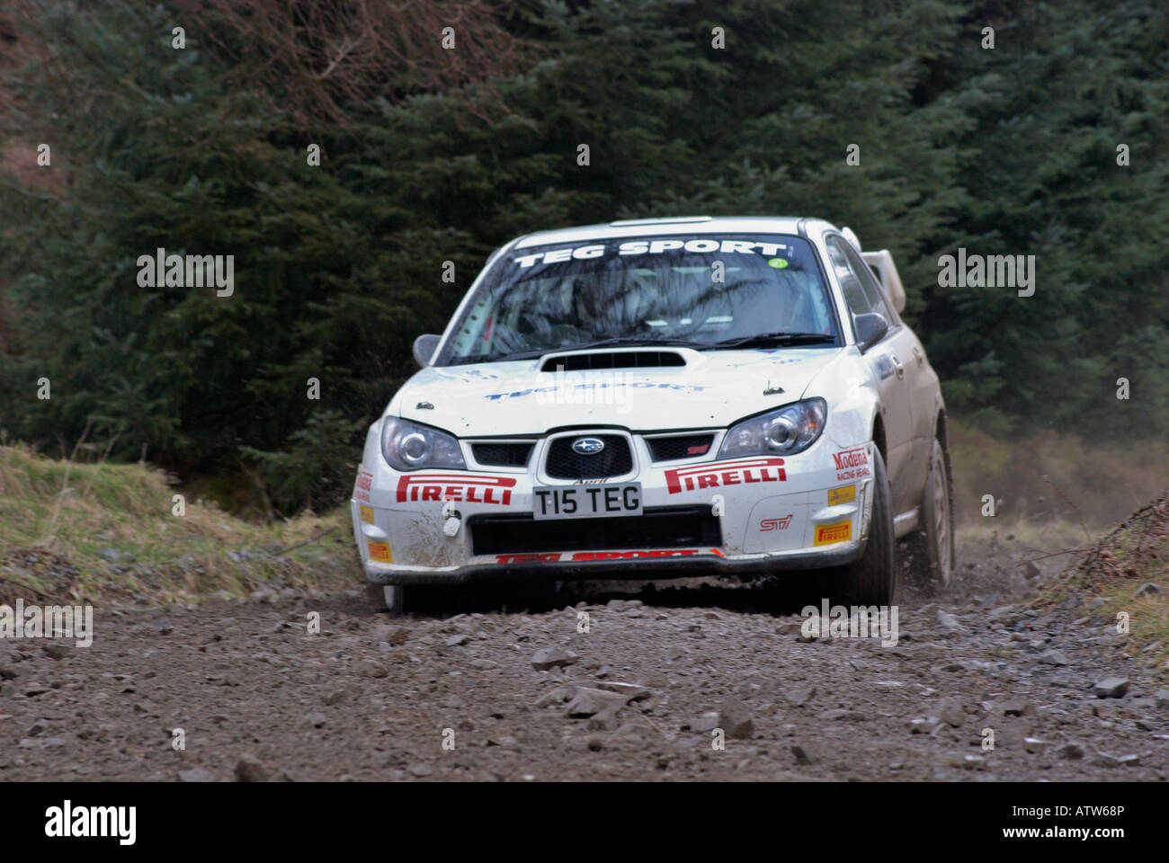 Rally Car on a special forest stage of a motor sport rally Stock Photo
