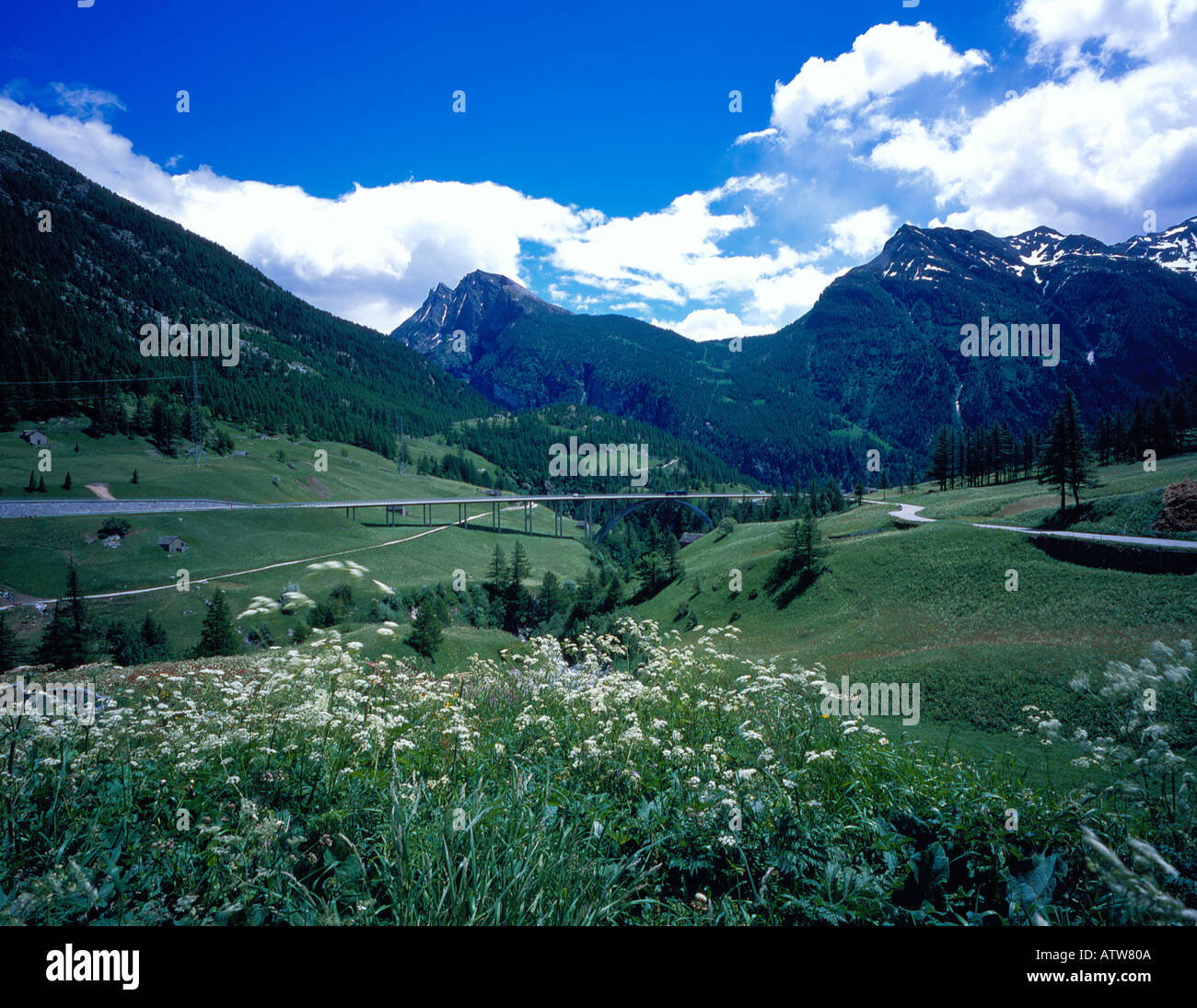 Switzerland mountains at the summit of Simplon Pass view from the village Simplon looking south Europe. Photo by Willy Matheisl Stock Photo