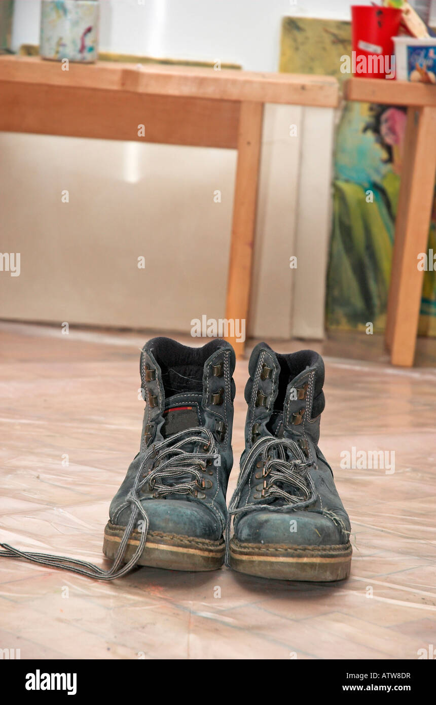 Pair of old hiking boots Stock Photo Alamy