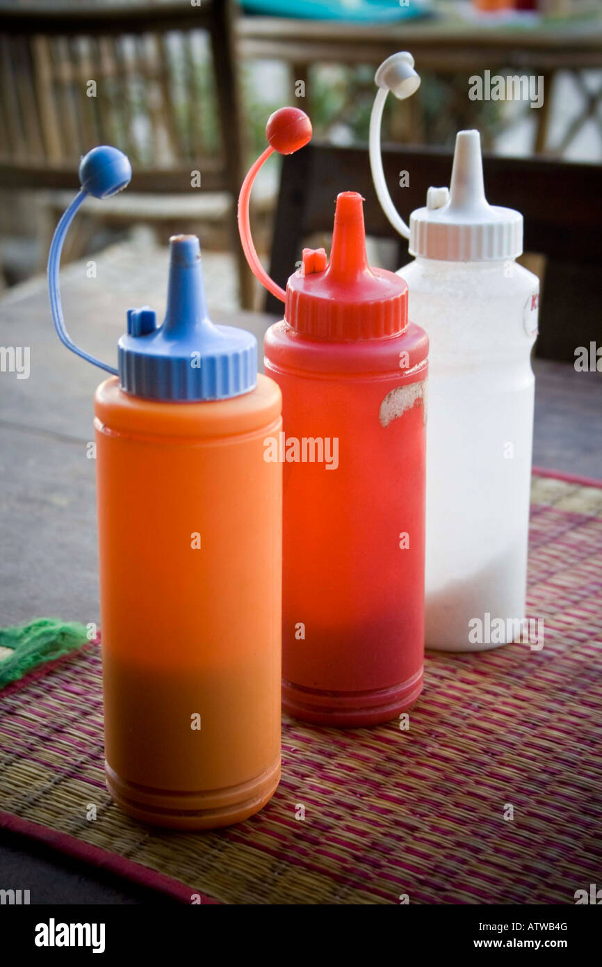 Sauce Containers Smokin Pot Restaurant Battambang Cambodia Stock Photo