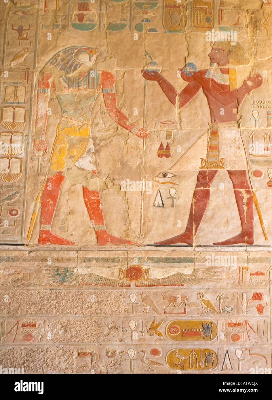Painted mural hieroglyphic reliefs Hatshepsut Temple Luxor Egypt North Africa Stock Photo