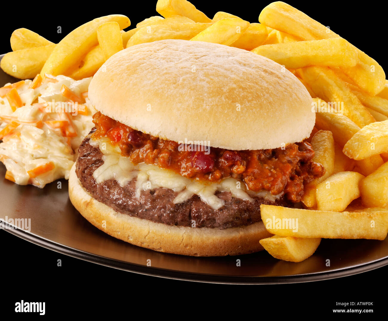 CHILLI BURGER WITH FRENCH FRIES & COLESLAW Stock Photo Alamy