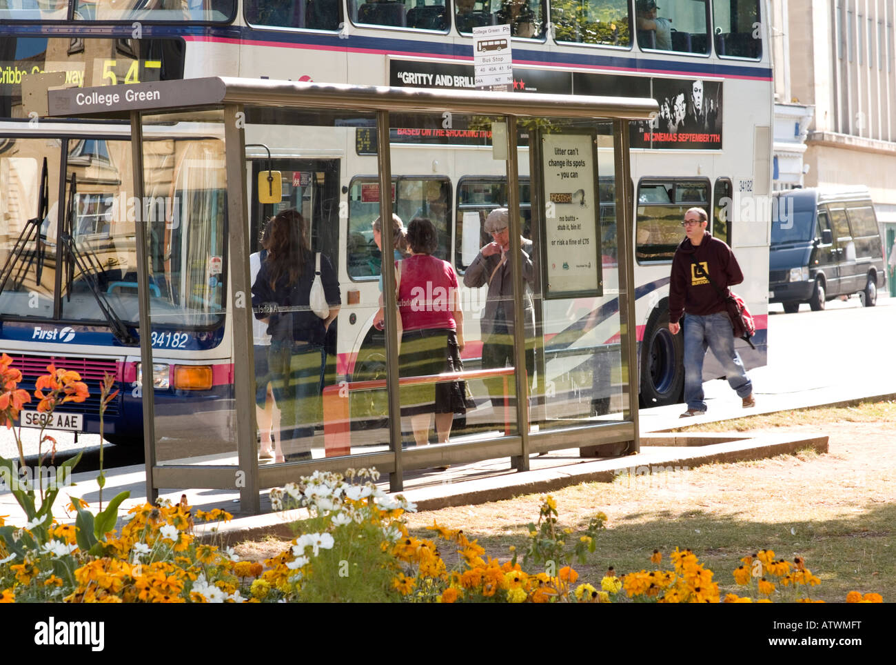 Bus at a bus stop England UK Stock Photo Alamy