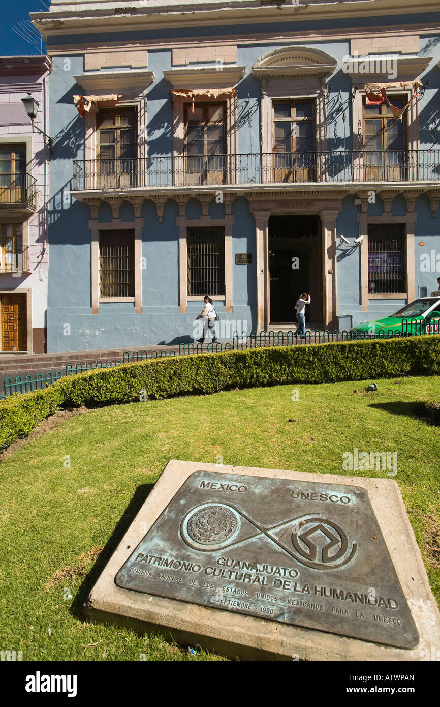 MEXICO Guanajuato UNESCO World Heritage Site plaque in Plaza de la Paz Peace Plaza Stock Photo