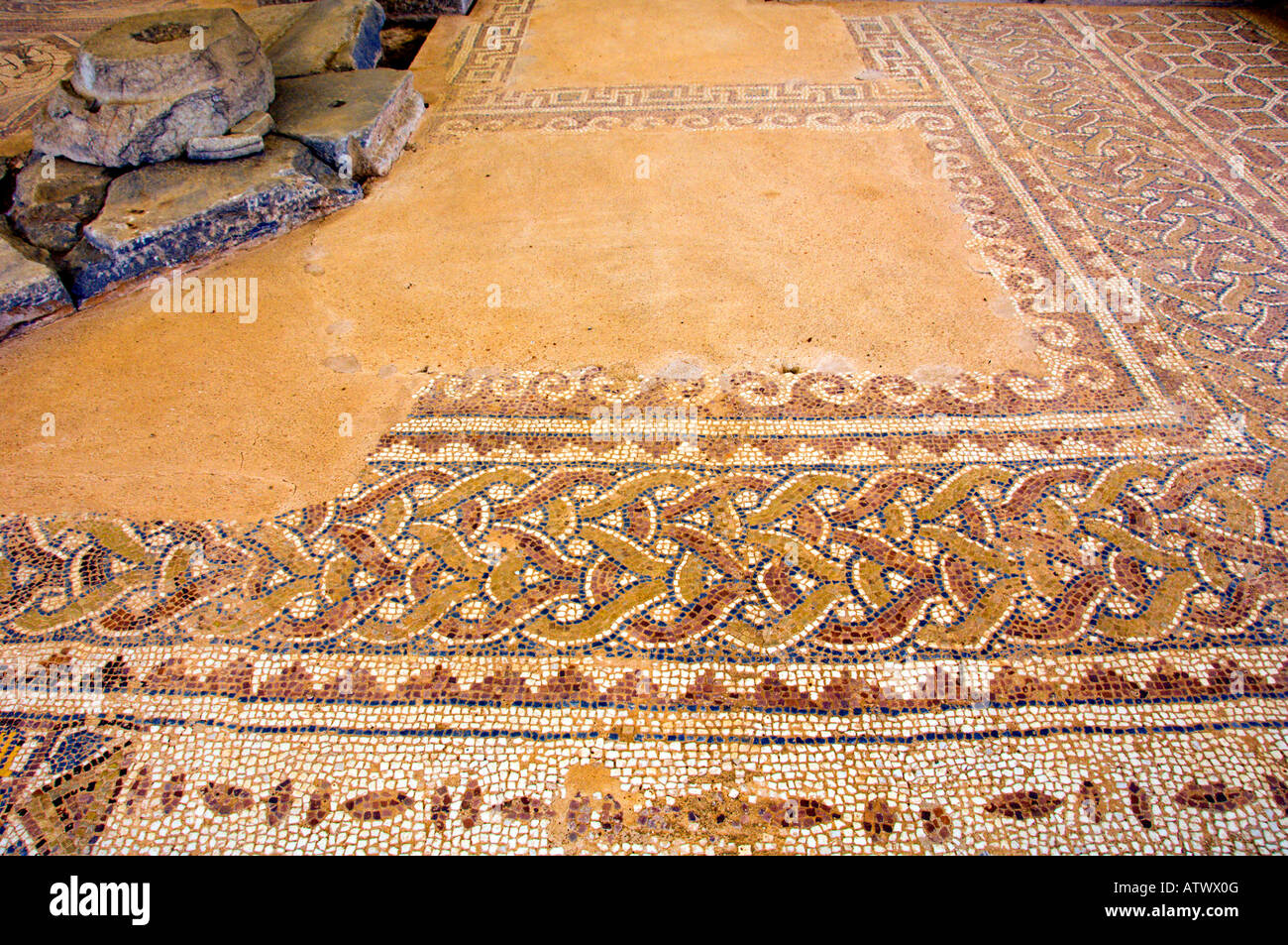 Well preserved mosaic rile work in the floors of the Basilica B section in the ruins of Phillipi Greece Stock Photo