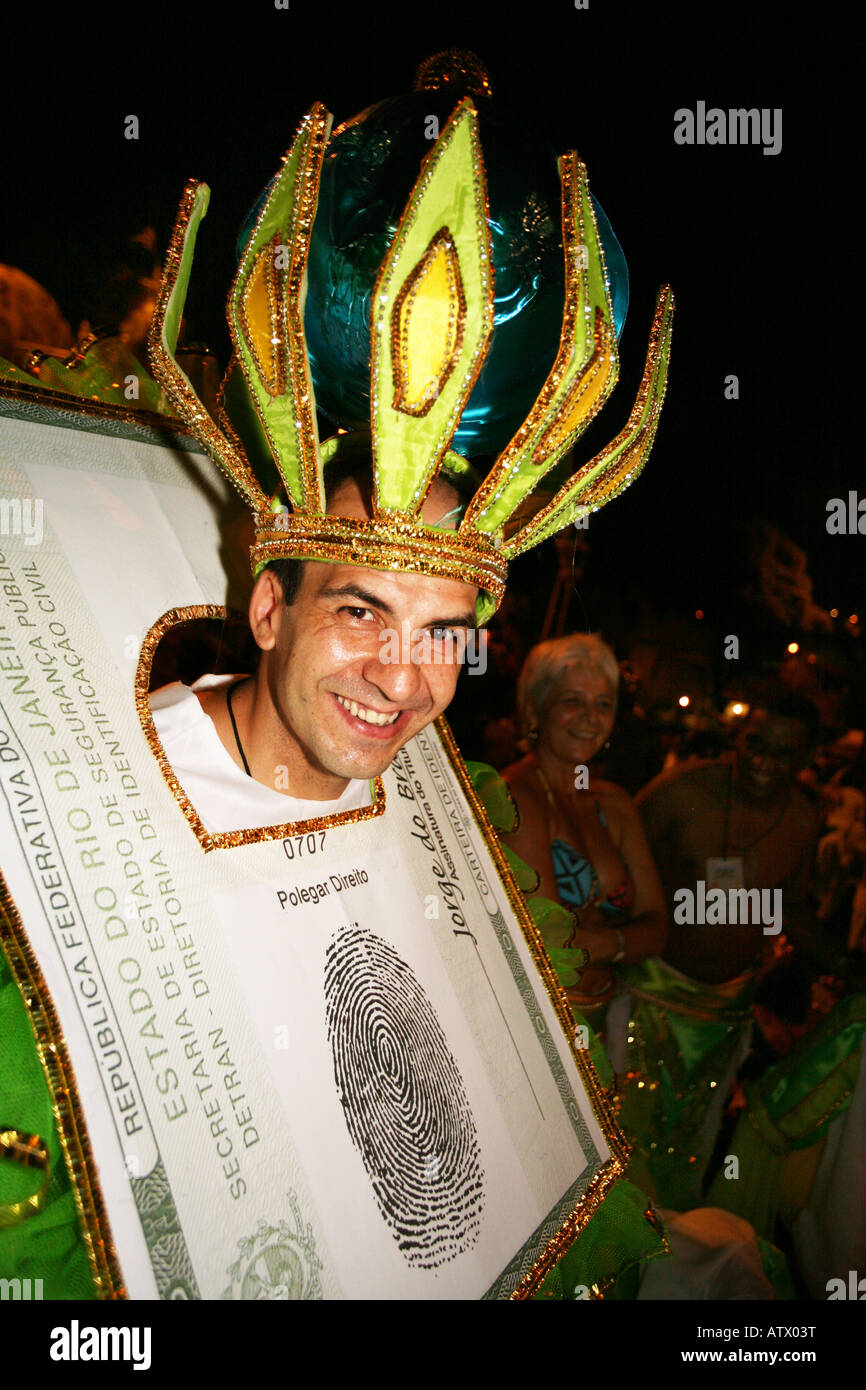 Close up portrait of smiling male carnival dancer in costume, Rio de Janeiro, Brazil, South America Stock Photo