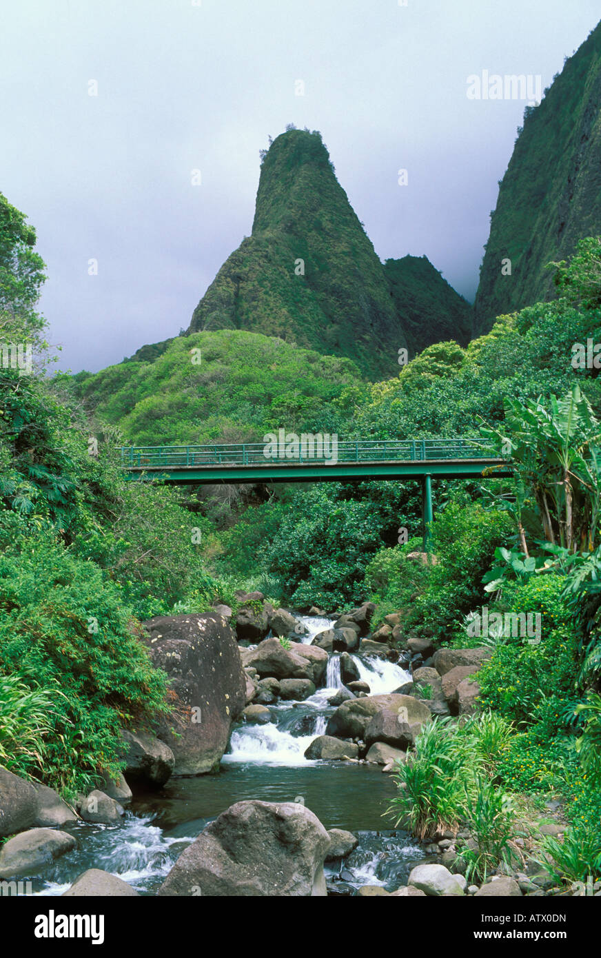 Iao Needle and bridge over the Iao Stream Iao Valley Maui Hawaii Stock Photo Alamy
