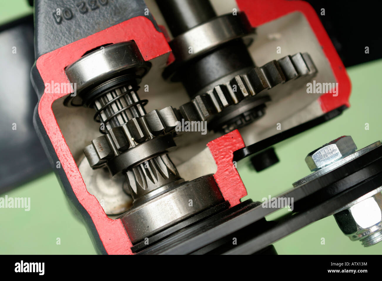 Spur gears on spline shaft with ball bearings, machine cutaway Stock