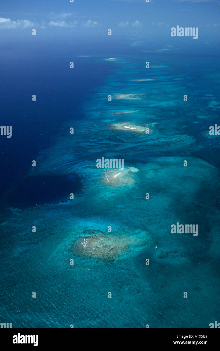 BELIZE Barrier Reef, AERIAL OF CORAL PATCHES, Caribbean Sea Stock Photo