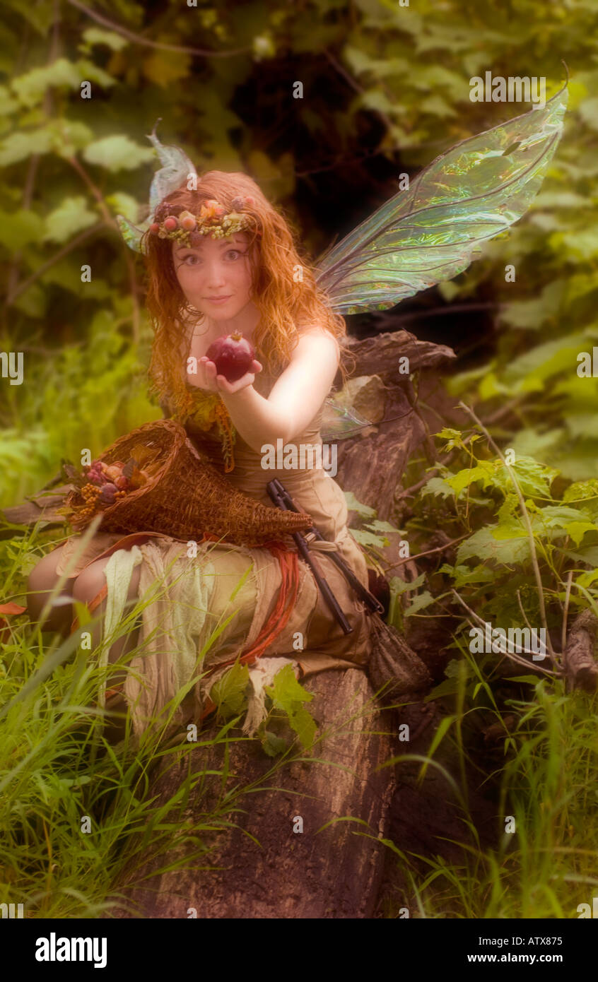 Faerie sitting on log offering an apple Stock Photo