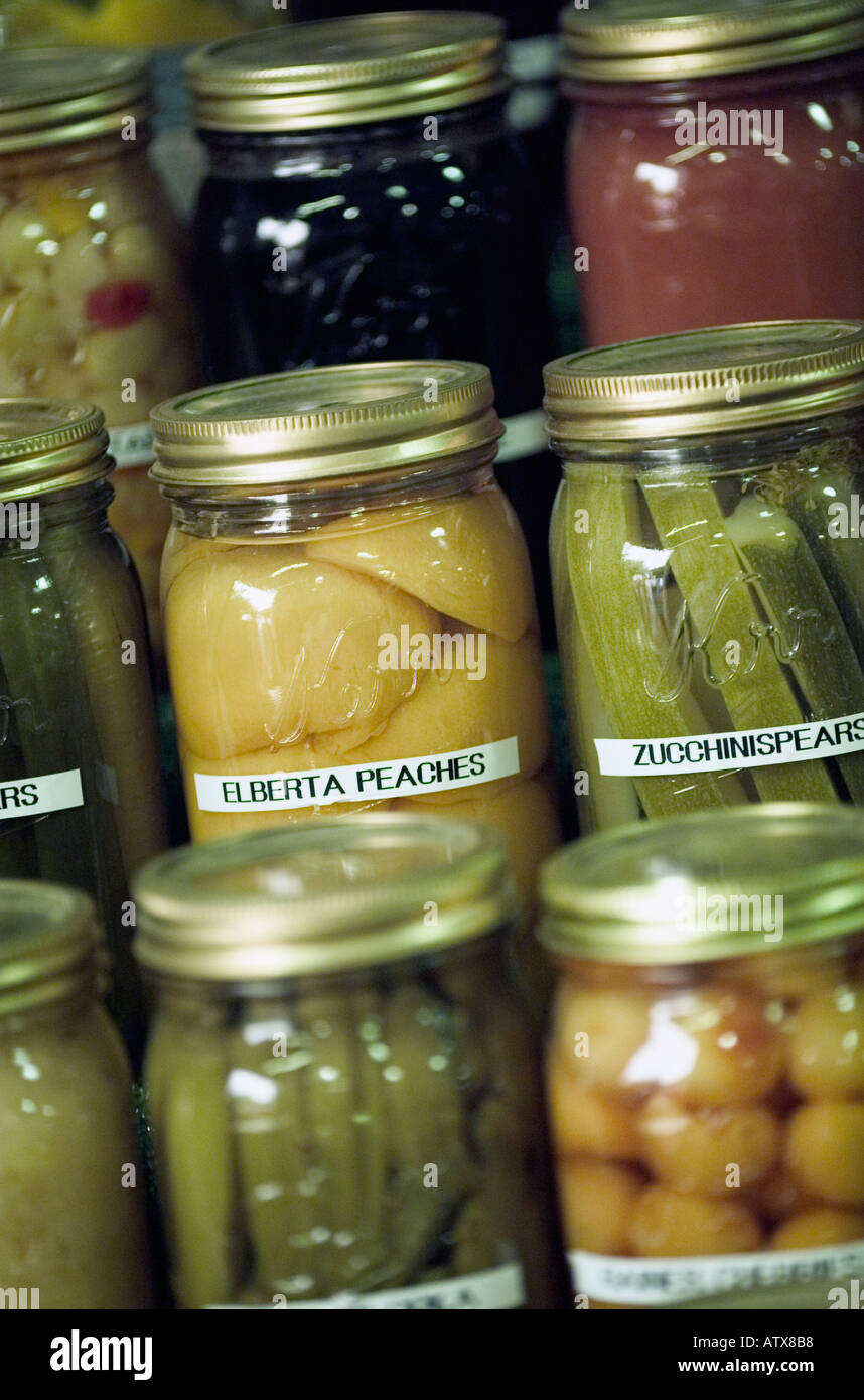 The life of stacks of mason jars with home canned fruits and vegetables