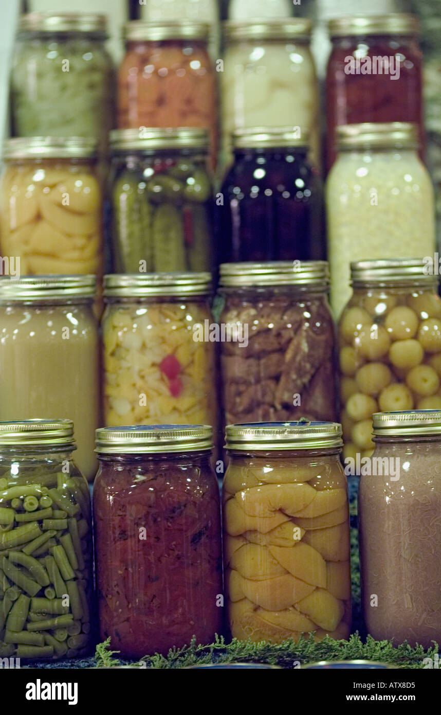 The life of stacks of mason jars with home canned fruits and vegetables