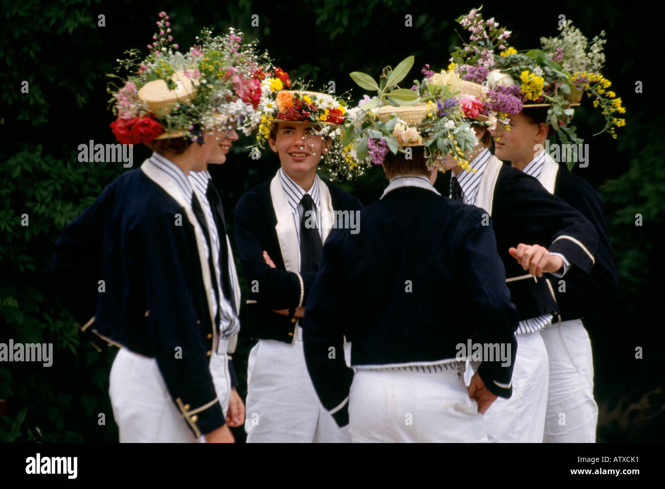 Eton College in Berkshire holds an annual Fourth of June ceremony where the boys row down the River Thames wearing straw boaters Stock Photo
