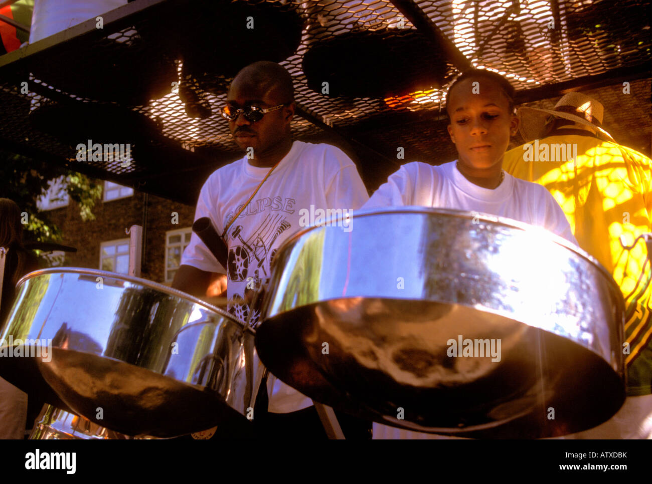 Musicians playing kettle drums on a float at the Notting Hill Carnival