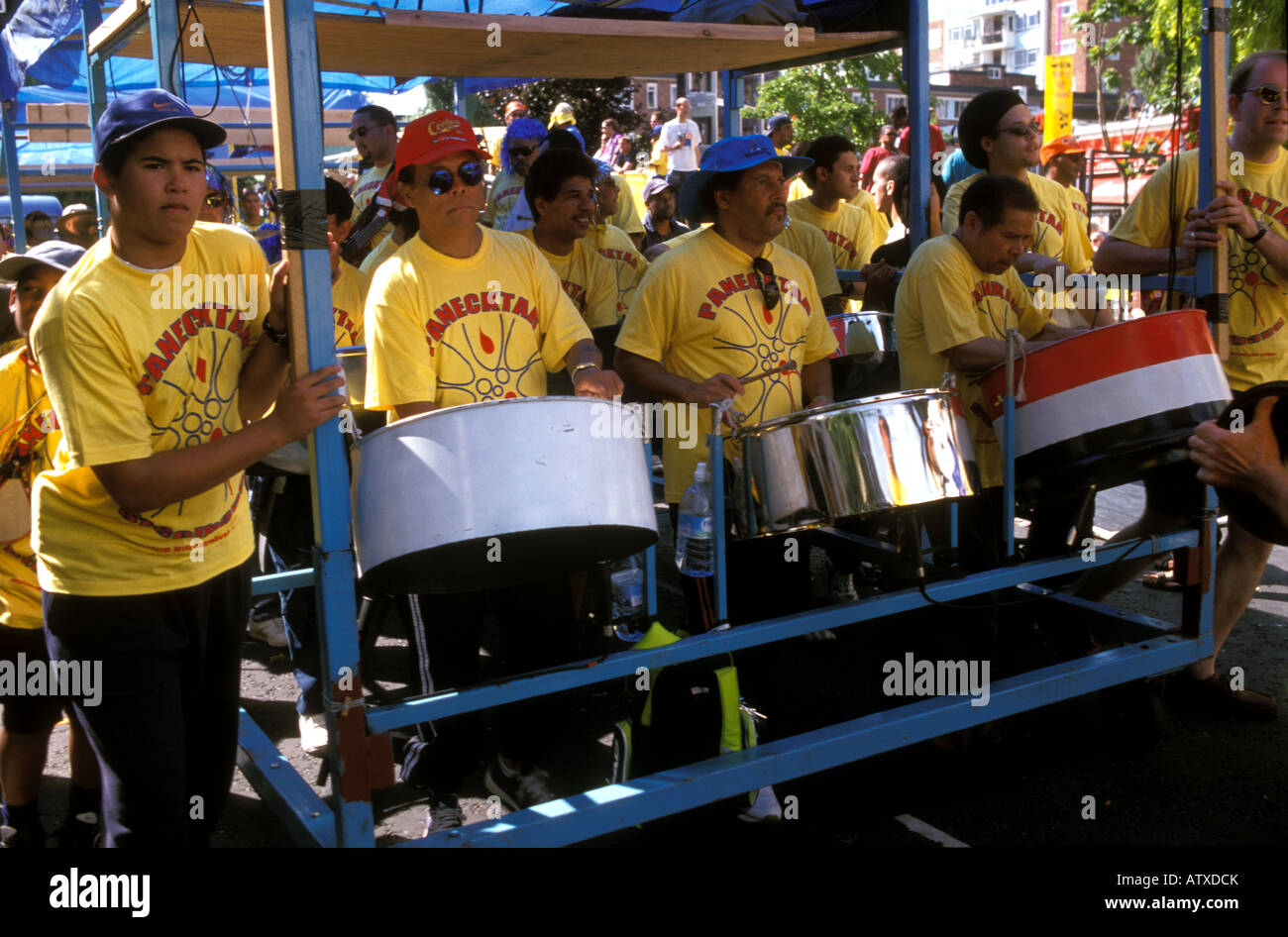 Musicians playing kettle drums on a float at the Notting Hill Carnival