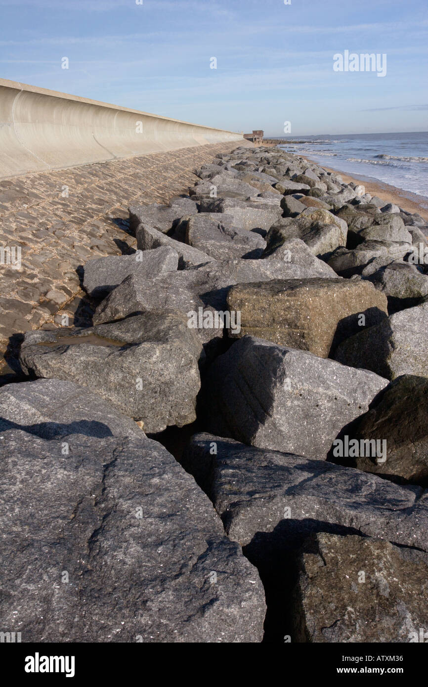 Waterfront Rocks Frinton on sea waterfront sea wall made of concrete and large rocks in ...