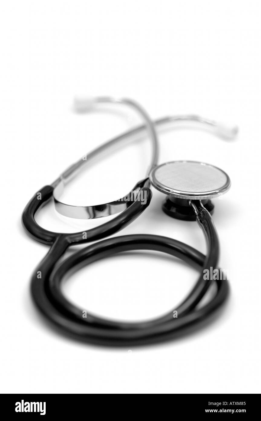 Medical equipment black stethoscope on white background Stock Photo