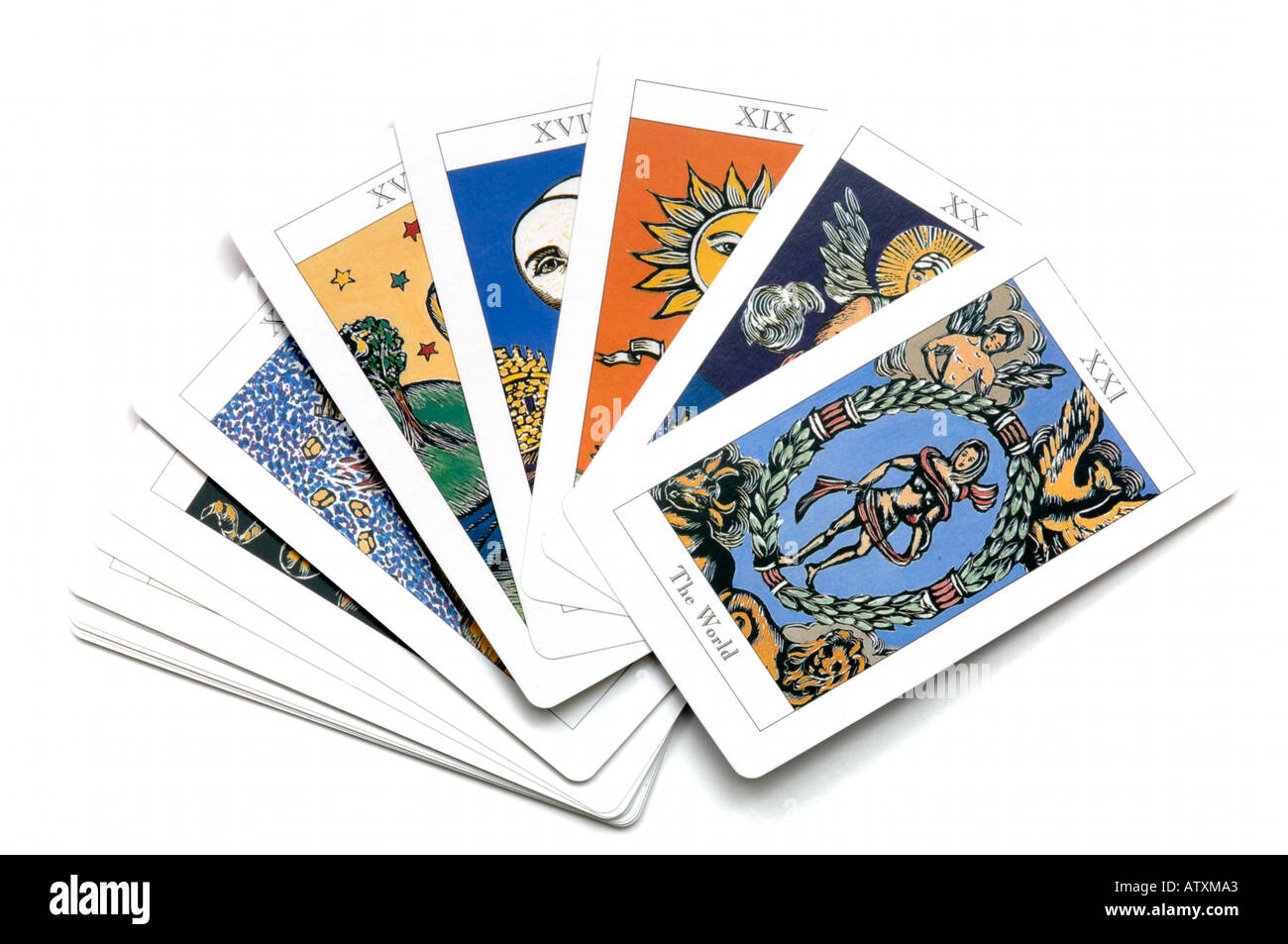 Fanned out deck of tarot cards on white background Stock Photo - Alamy