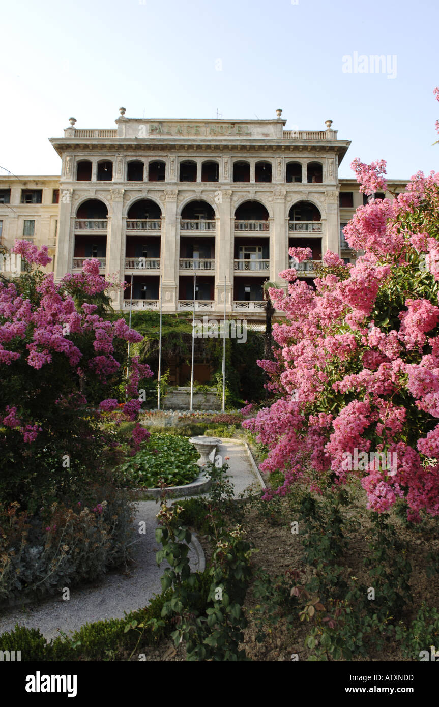 Portoroz, building from k.u.k. monarchy times, pink abloom plant Stock Photo