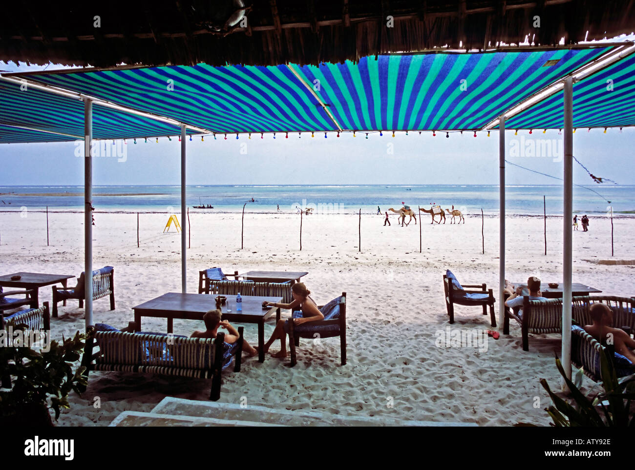 AFRICA KENYA DIANI BEACH Diani Beach bar with camels on beach Stock Photo
