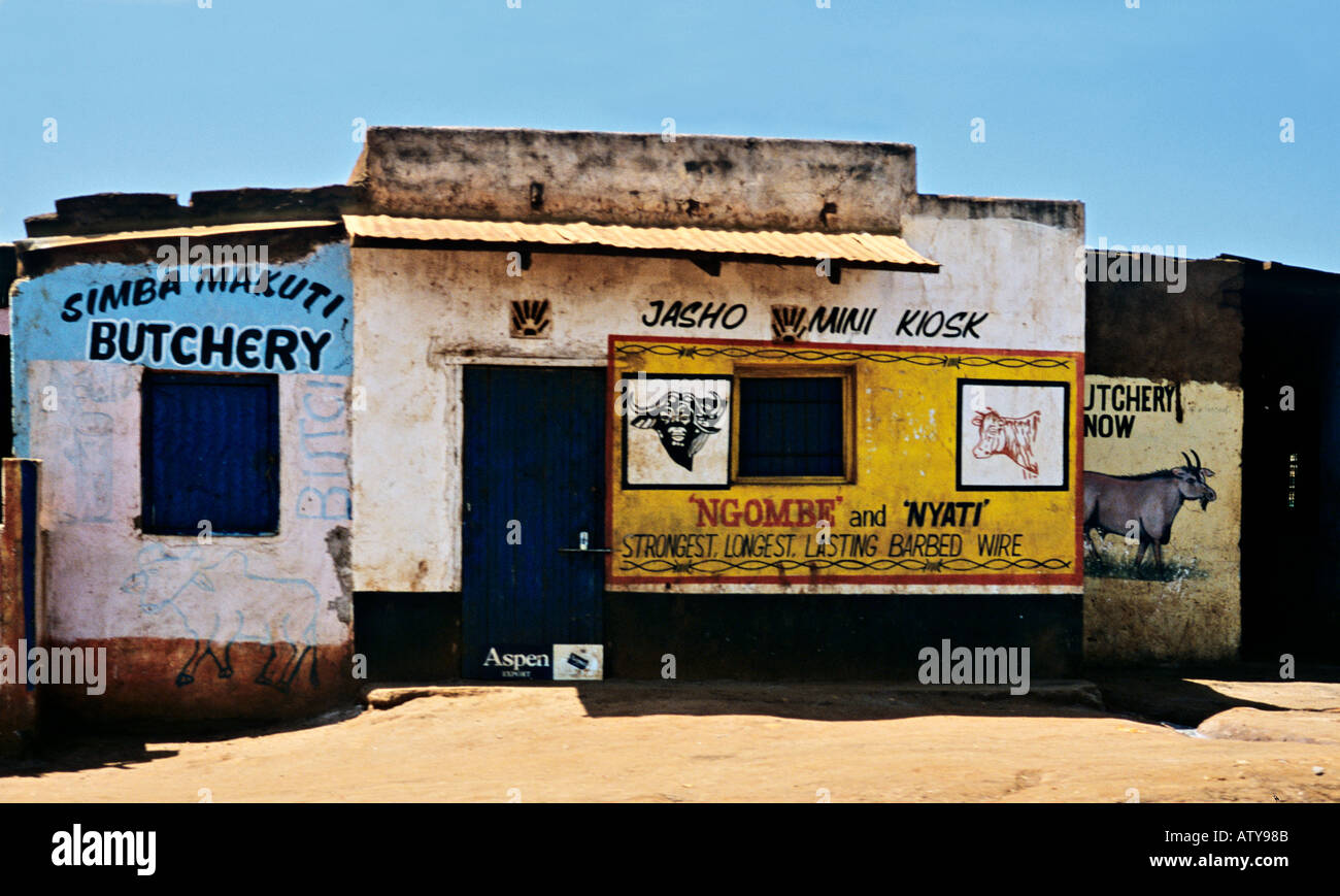 AFRICA KENYA Signs in English and Swahili on stores in remote rural