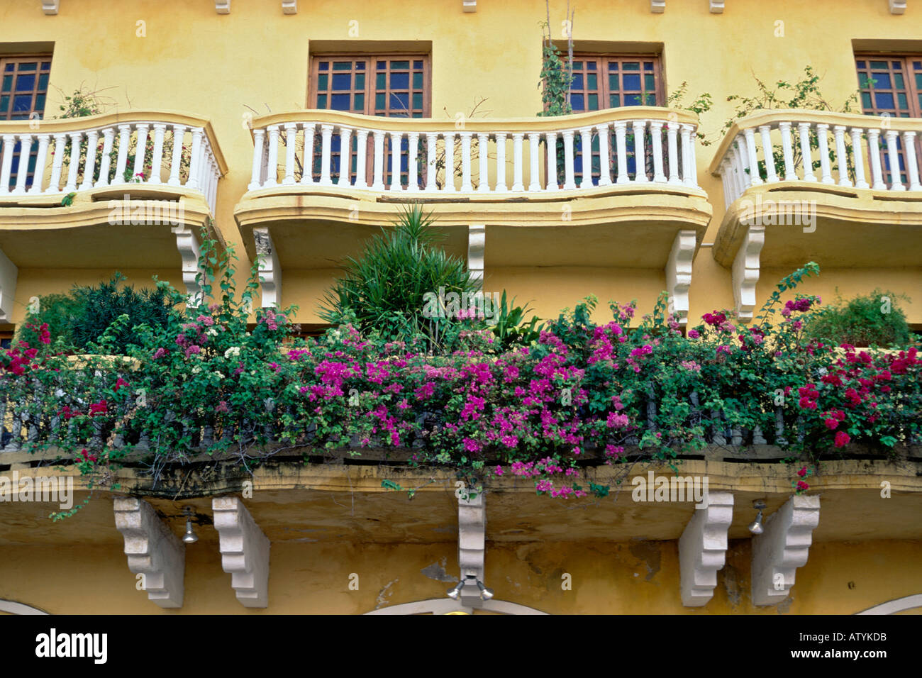 Detail of a building with curved balconies in Old Town Cartagena Colombia Stock Photo