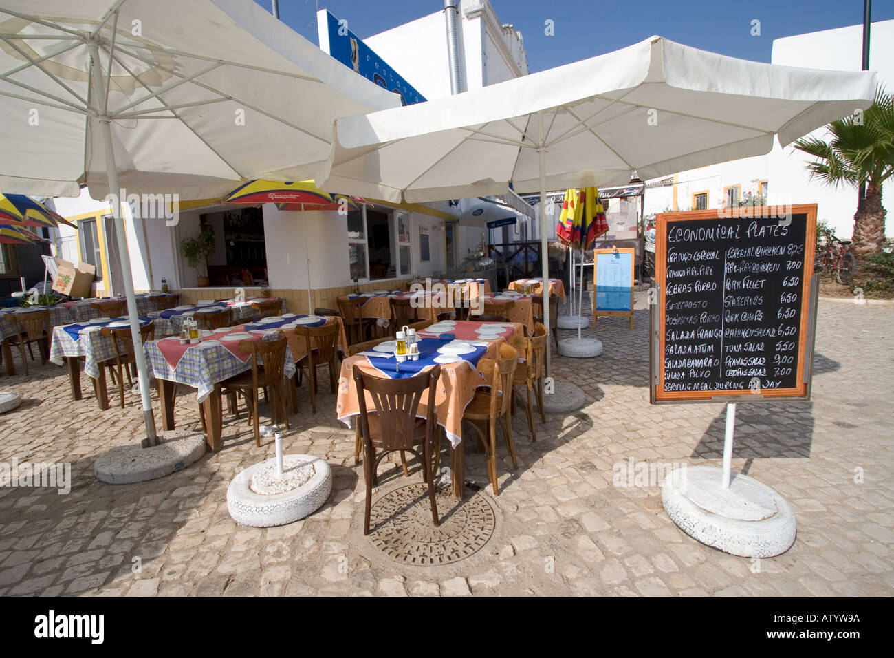 Outdoor Restaurant Waiting for Customers Alvor Portugal Stock Photo