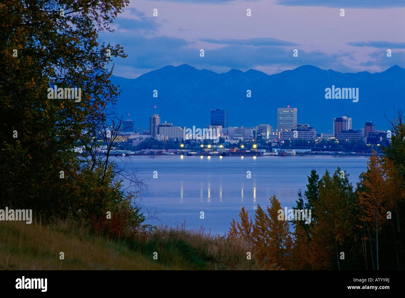 Downtown Anchorage Skyline viewed from Point Mackenzie, Summer in South