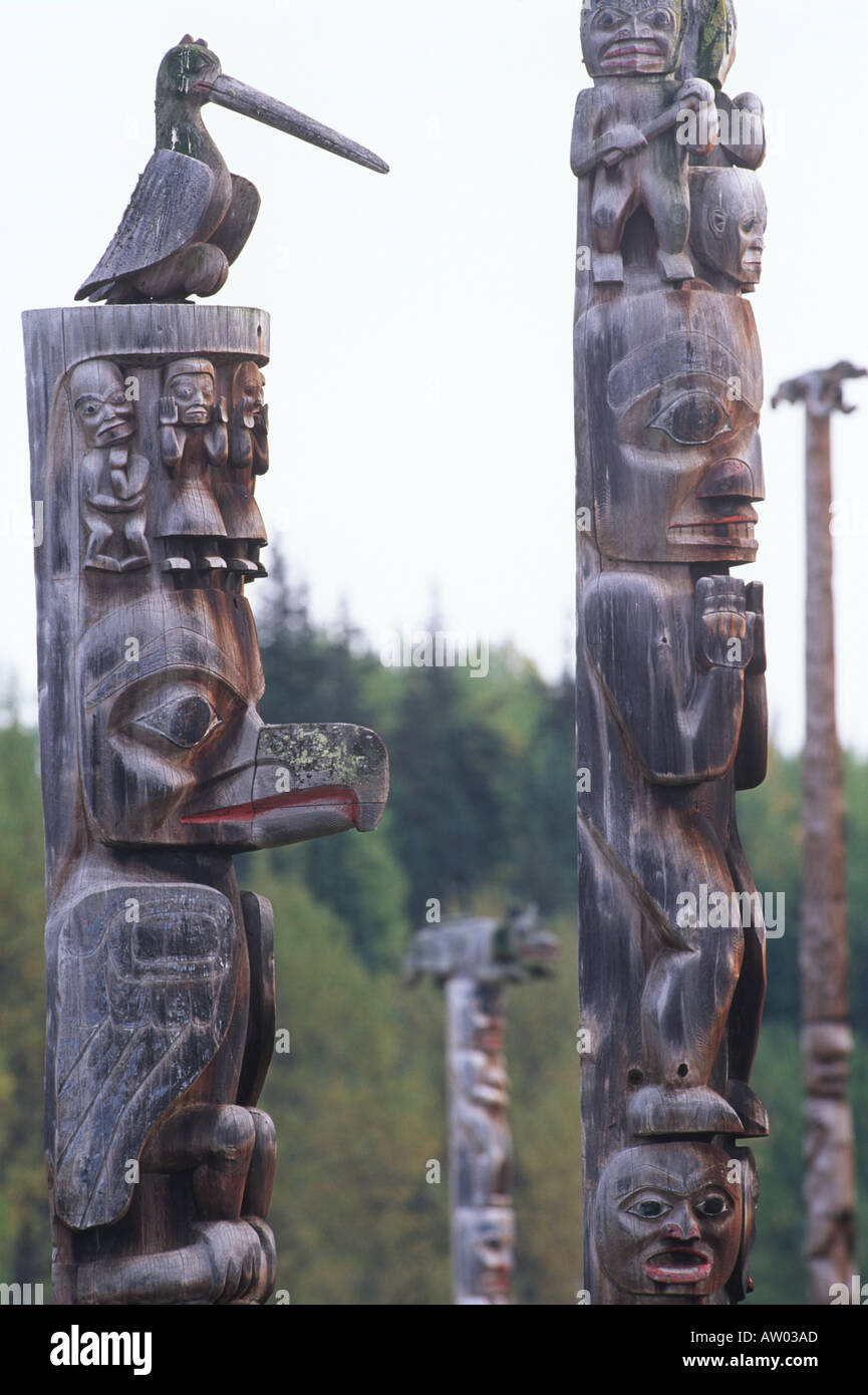 Canada British Columbia Skeena River area Kitwancool Gitanyow Gitxsan totem poles Stock Photo