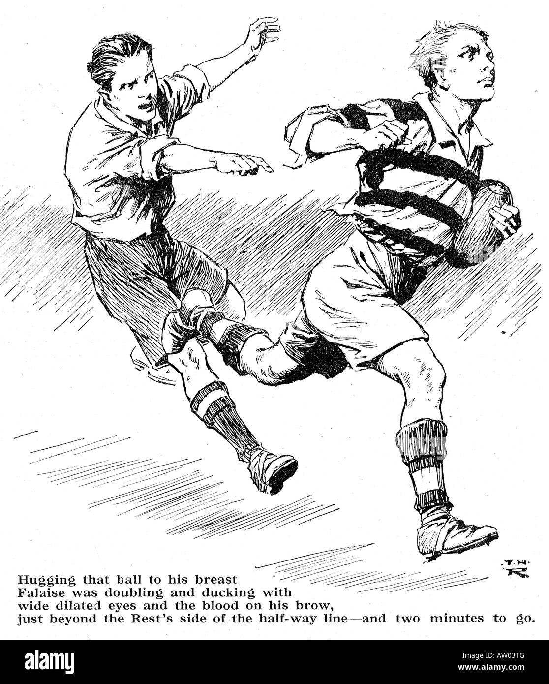 Hugging The Ball 1935 Illustration from a boys magazine of a school rugger story wide dilated eyes and blood on his brow Stock Photo