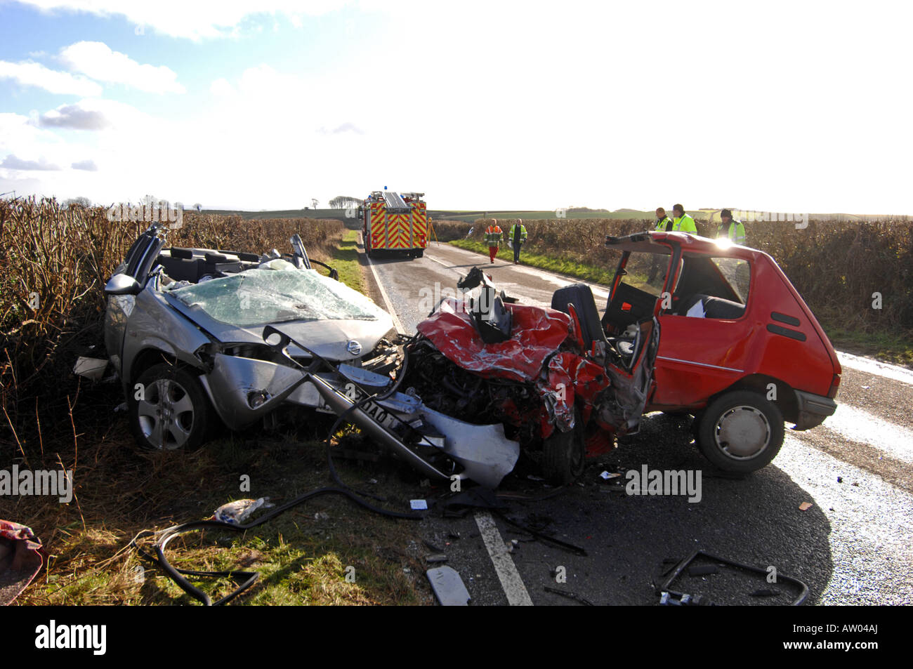 Scene of a fatal head on car crash that killed 4 people Stock Photo