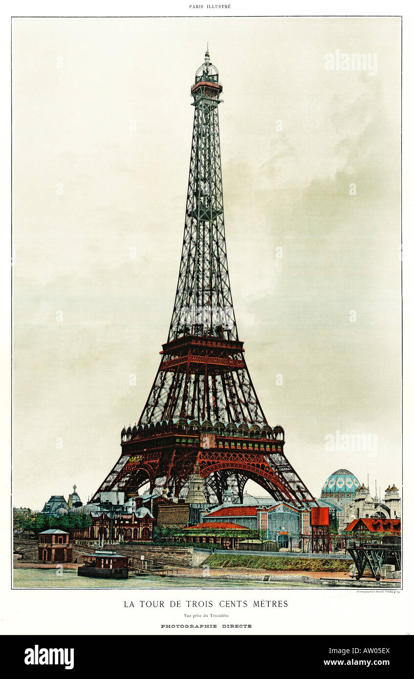 Eiffel Tower 1889 coloured photo of the newly built Tour Eiffel centrepiece of the Paris International Exposition Stock Photo