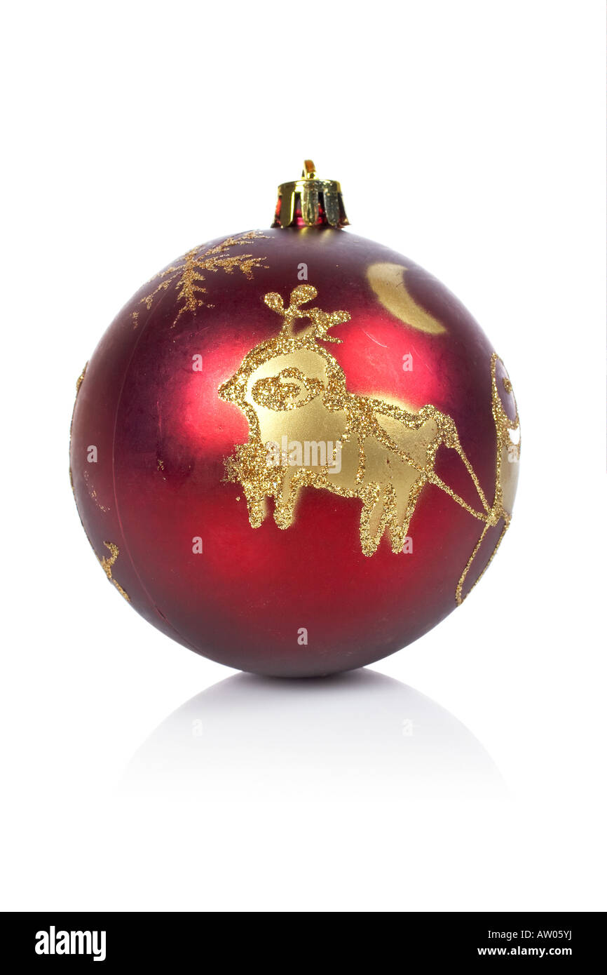 One red and gold Christmas ball reflected on a white background Stock ...