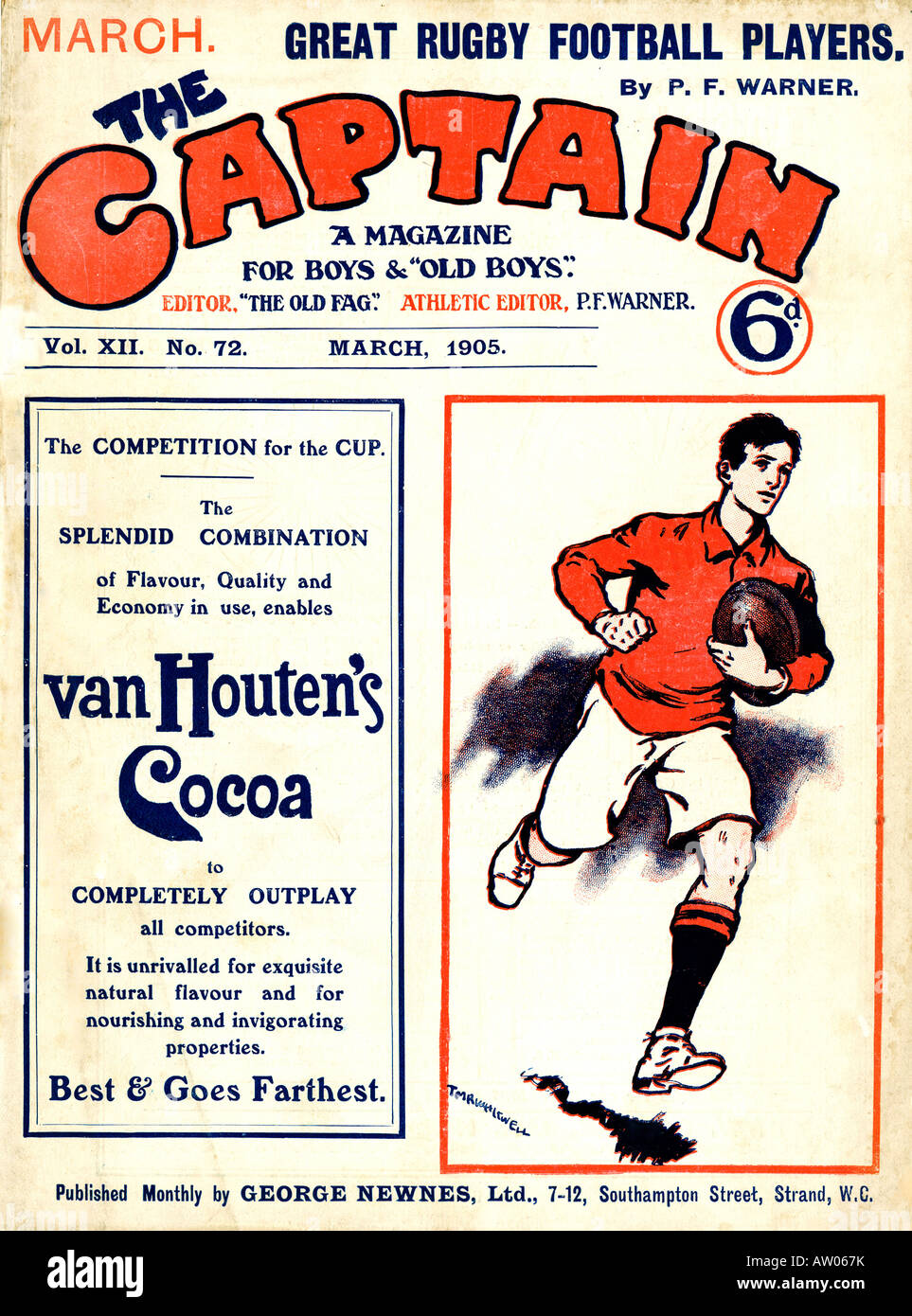 Rugger The Captain 1905 cover of the popular Edwardian magazine for young chaps with a rugby player on a run Stock Photo