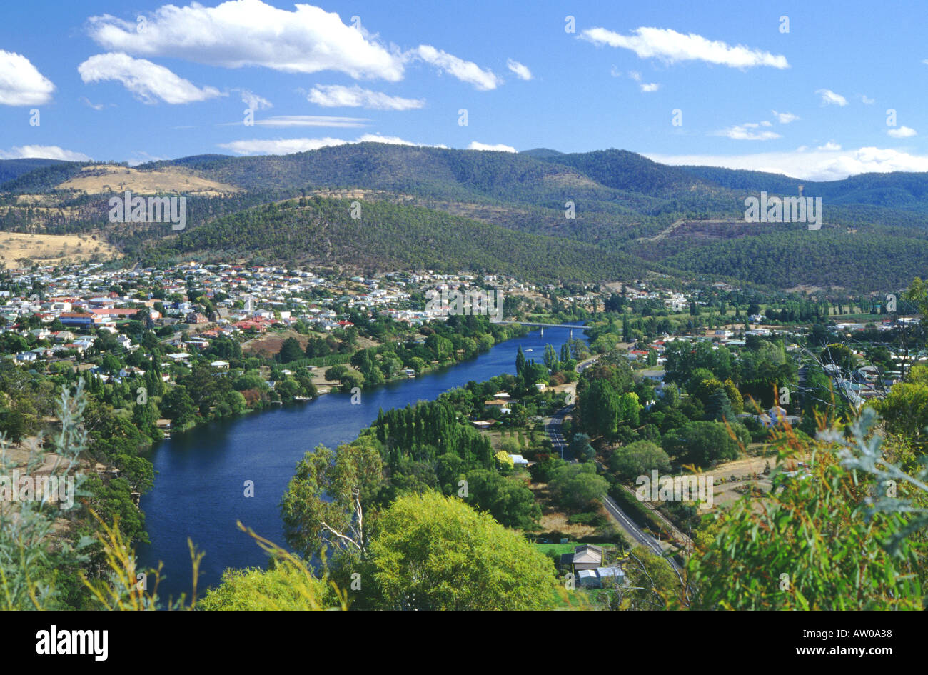 Tasmania looking up the Derwent Valley overlooking the town of New Norfolk Stock Photo