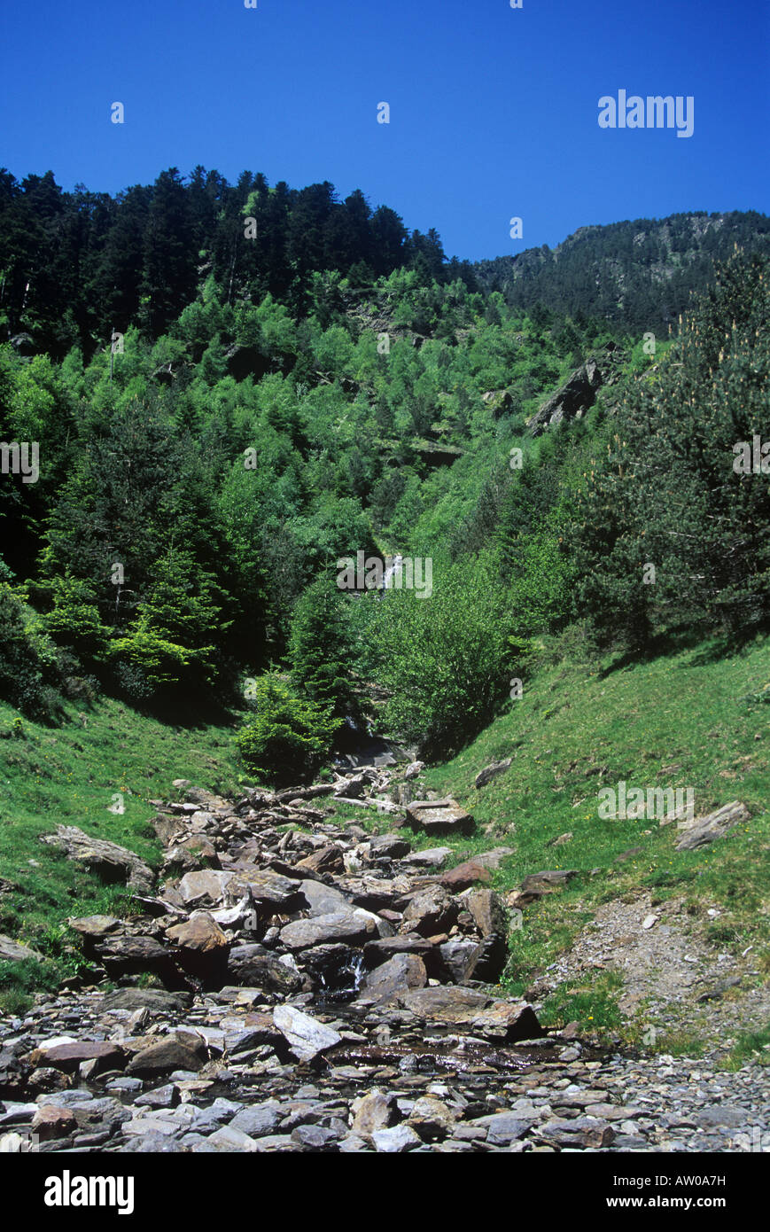 Stony river bed at Riou Majiou in the Pyrenees Stock Photo