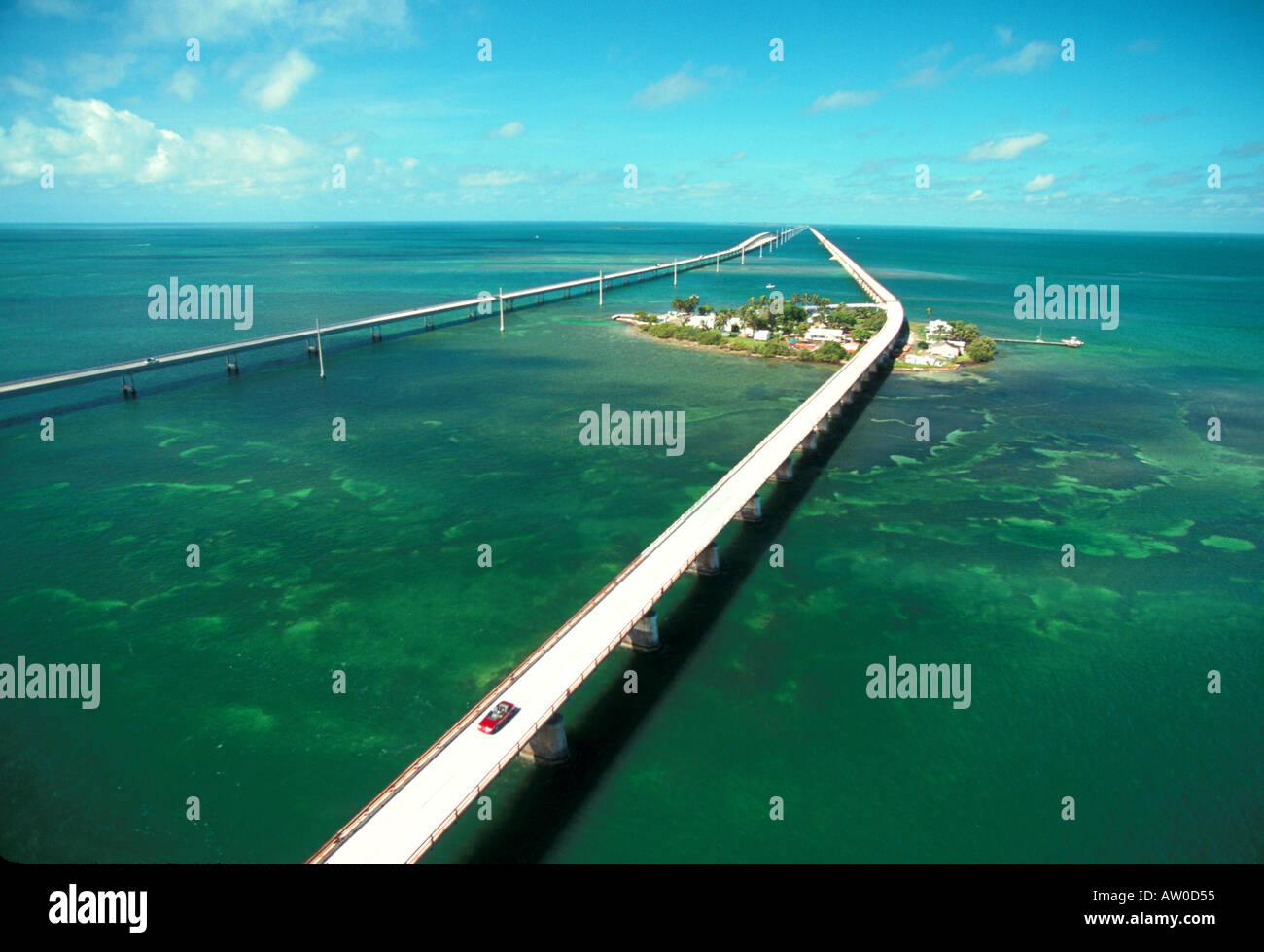Florida Keys Seven Mile Bridge Aerial green water blue sky background iconic florida keys scenic open space for type layout Stock Photo