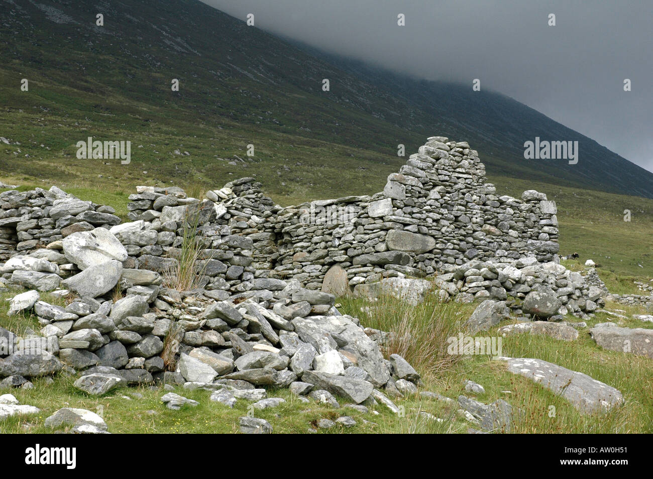 The remains of a village on Achill Island deserted on mass during the famine of the 1840's Stock Photo