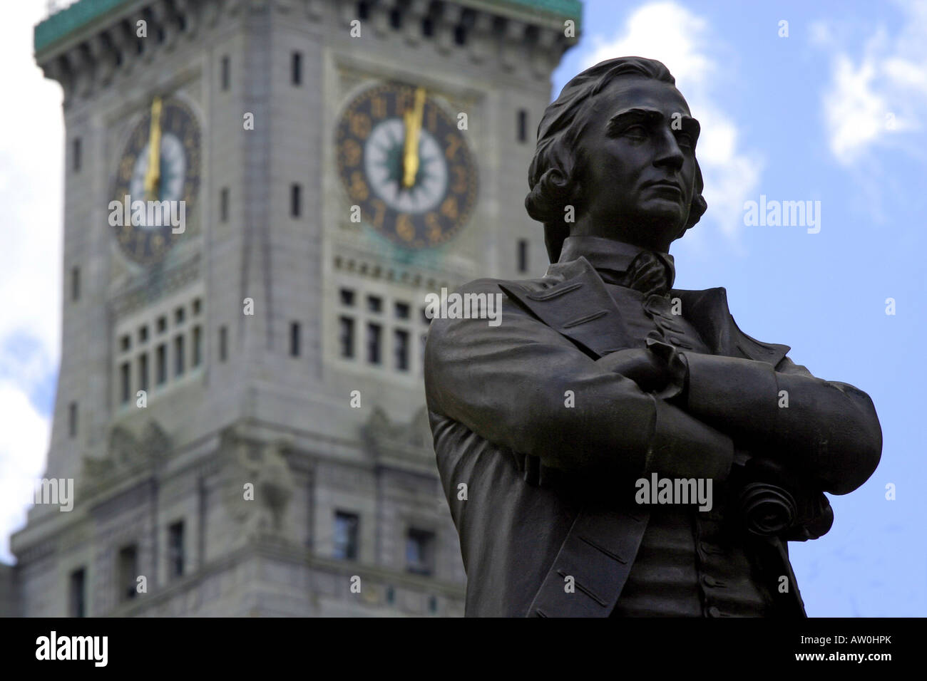 Sam Adams Statue and Custom House Tower in Boston Massachusetts Stock Photo