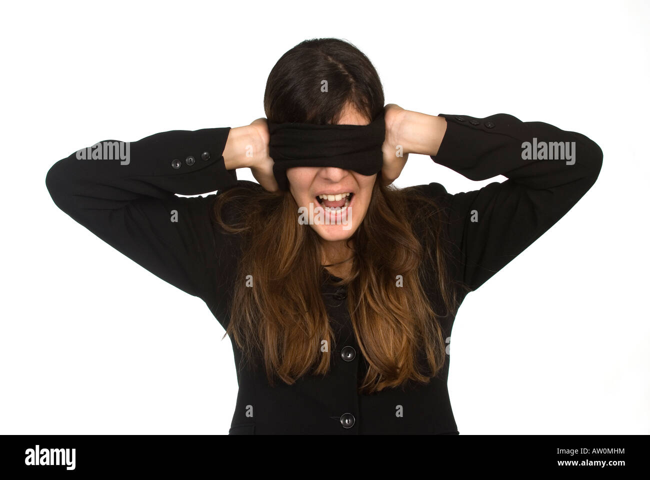 Blindfold woman with hands behind her back black and white - Stock Image -  Everypixel