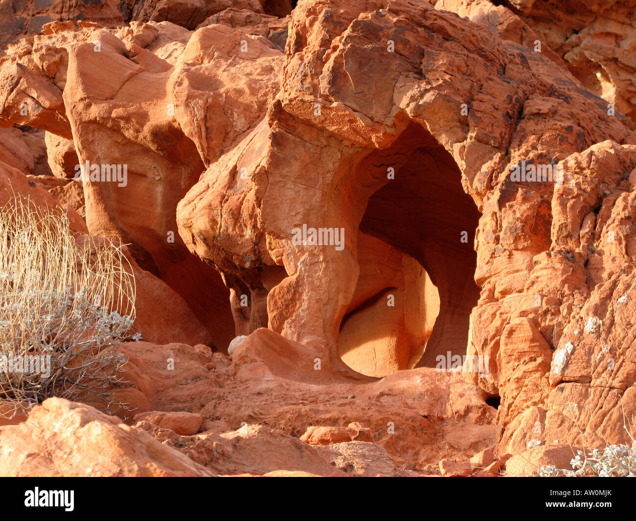 Arches formed by nature in red sandstone rock formations in Valley of Fire State Park in southern Nevada, USA Stock Photo