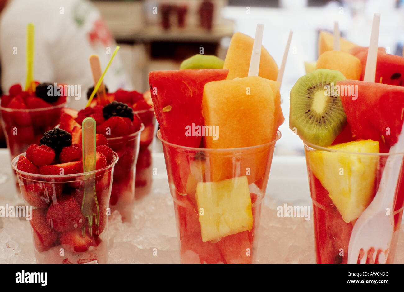 Fruit cups for sale in a display in Italy Stock Photo Alamy